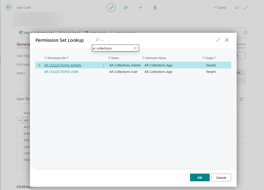 User Card - User Permission Setup Lookup